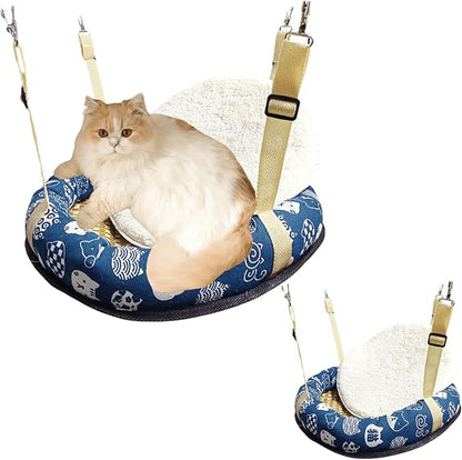 Hanging Cat Bed with Rattan Mat and Cotton Pad Cat Swing Hammock for Cage Kitten Cage Pet Hammock Ferret Bed Desk Accessories Indoor Hanging Bed Kitten Puppy Rabbit Bunny (Round-Blue,Large)