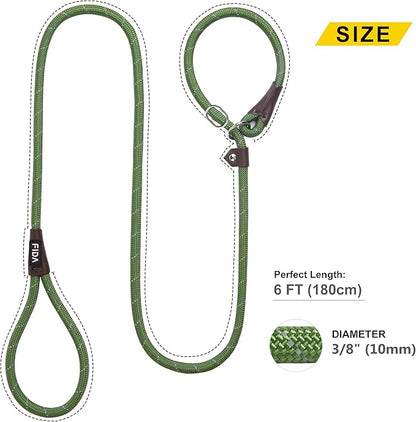 Fida Durable Slip Lead Dog Leash, 6 FT x 3/8" Heavy Duty Dog Loop Leash, Comfortable Strong Rope Slip Leash for Small Dogs and Puppies, No Pull Pet Training Leash with Highly Reflective(3/8", Green)
