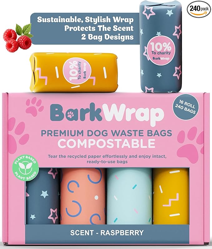 240 Biodegradable Dog Poop Bags Rolls Raspberry Scented Extra Thick Compostable Waste Doggie Pet Bulk Leak-Proof Bag - 100% Certified Home with Beautiful Colorful Design and Easy Open Compliant