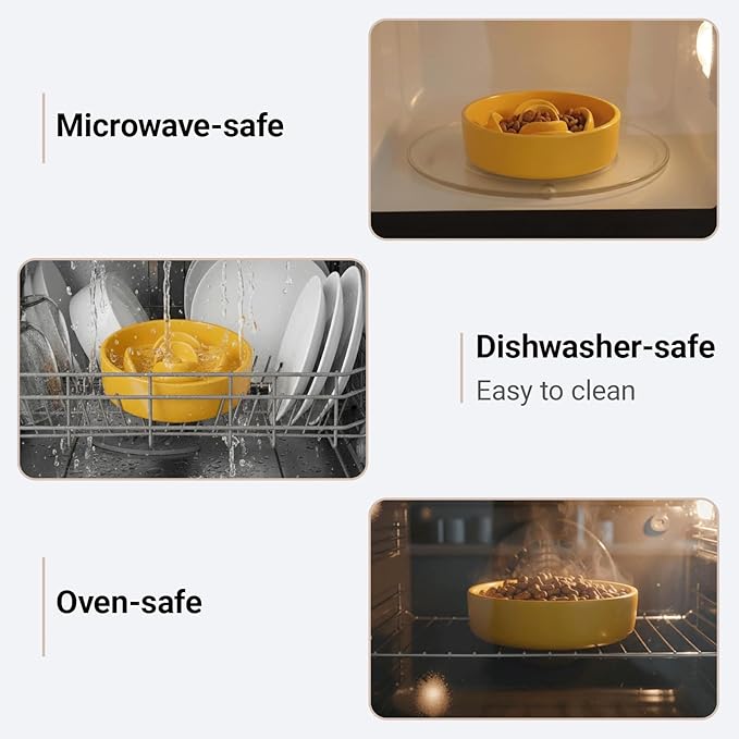 Petygooing Elevated Slow Feeder Ceramic Dog Bowls 8.26in, Slow Feeder Elevated Bowl for Small&Medium, Ceramic Slow Feeder Heavy Weighted Non-Toxic Non-Slip Puzzle Maze (Yellow, 8.26in)