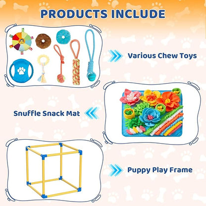 Puppy Play Gym with Snuffle Mat & 8 Hanging Toys Indoor Play Gym Interactive Dog Toys for Boredom Enrichment Activity for Small Dog PVC Frame Stretchy Rope with Velcro (19.6 x 19.6 x 19.6 inch)