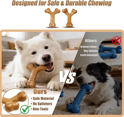 Dog Chew Toys for Aggressive Chewers, Durable Nylon & Wood Teething Toy with Chicken Flavor, Tough Chewing Dog Toys for Large Dogs (Wishbone)