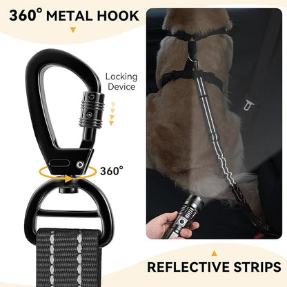 Pawaboo 2Pack Dog Seatbelt for Car,3-in-1 Dog Car Seat Belt Bungee,Shockproof Dogs Tether for Cars with Buckle&Hook Latch, Adjustable Reflective Dogs Cars Harness Leash with 360° Lockable Buckle,Black