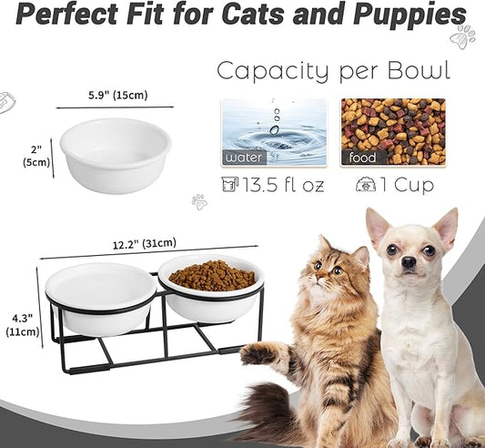 Ceramic Elevated Dog Bowl Set - Double Dog Food and Water Bowls with Metal Stand - Raised Pet Dishes for Puppies and Cats - 1 Cup - 13.5 fl oz - Matte White