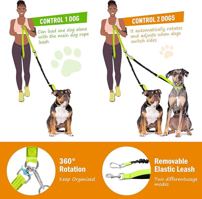 LED Double Dog Leash, 360° Swivel Dual Dog Walking Leash, Comfortable Shock Absorbing Lead for Dog, Reflective Removable Bungee for Two Dogs