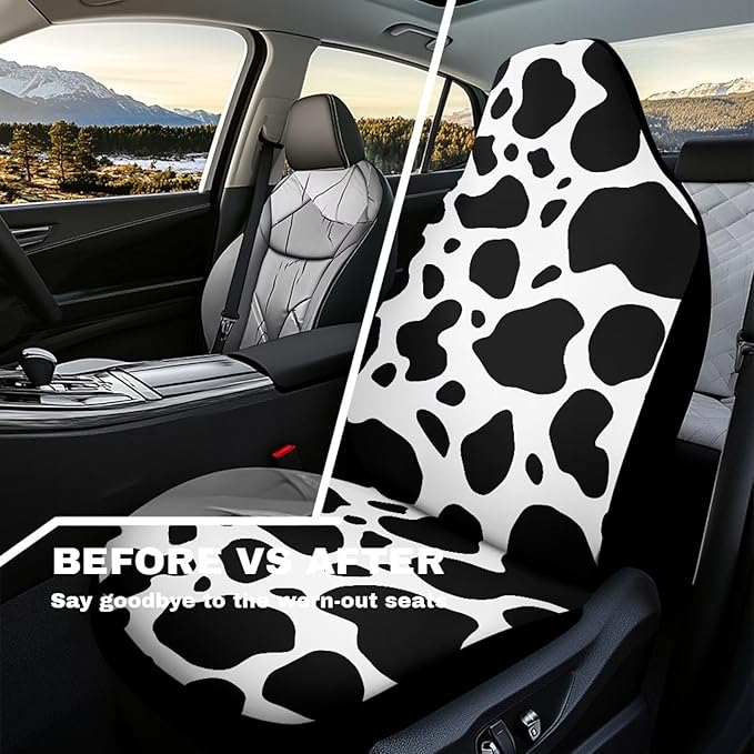 Cow Print Car Seat Covers Waterproof Car Seat Covers Full Set of 2 Easy Installation Breathable Front Seat Cover Cars Accessories Suitable for Cars, SUV and Trucks