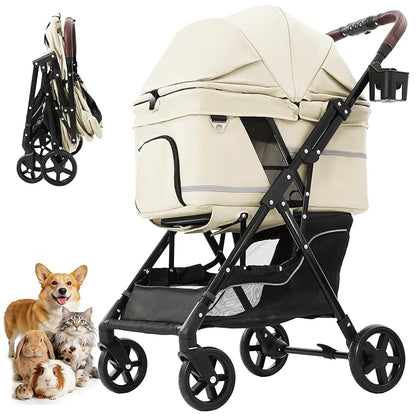 NO-Zip Pet Stroller for Small Dogs & Cats, Lightweight Dog Stroller with Reflective Safety Strips, One-Hand Fold, Claw-Proof Mesh, Breathable Travel Carriage, 33lbs Capacity, White