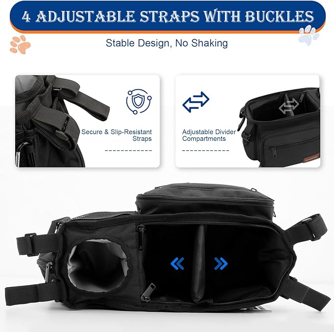 Dog Stroller Organizer Bag, Dog Mom Gifts for Women Pet Stroller Caddy, Stroller Accessories with Cup Holder, Poop Bag Dispenser, Pockets for Dog Essentials, Fits 14–19" Handles, Dog Mom Gift Ideas