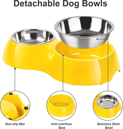 Elevated Dog Bowls Set - Non-Slip Raised Pet Feeder with Medium (2 Cups) & Large (4 Cups) Stainless Steel Bowls - Includes Durable Resin Stand for Corgi Puppies and Adult Cats - Yellow