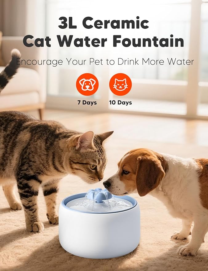 WOPET Premium Ceramic Cat Water Fountain W03 Lite，3L/101oz Automatic Pet Water Fountain for Cats & Dogs, Dishwasher Safe，Luxury Cat Fountain with Ultra-Quiet Pump and Filter & Sponge