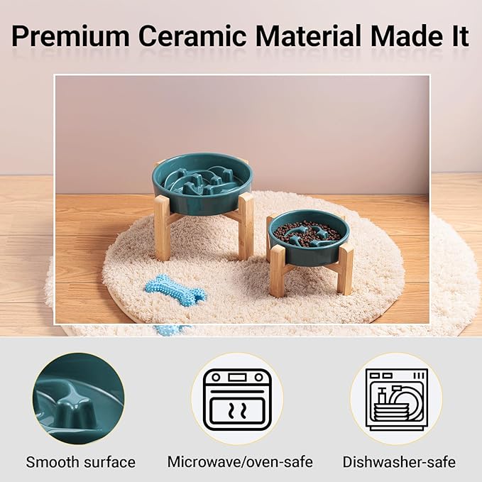 Ceramic Slow Feeder/Dog Bowl for Small Medium Dogs,Elevated/Raised Slow Feeding Dog Food Water Dish Heavy Weighted,Puzzle Eating Bowl Moder （Stars Mark-Forest Green, 8.26in）