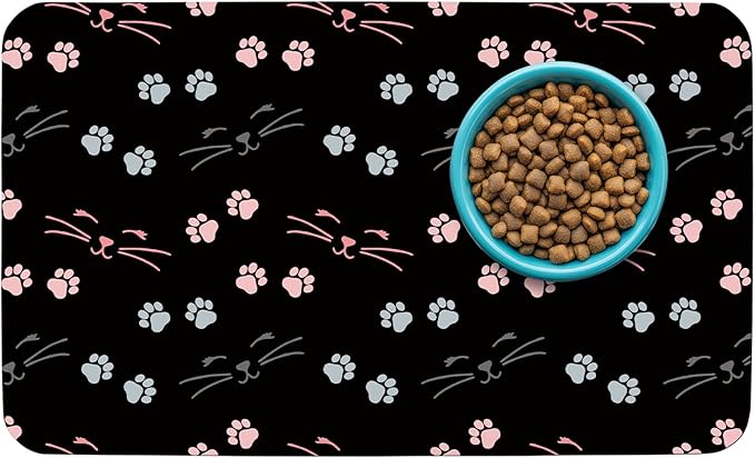 Patterned Cat & Dog Bowl Mat for Food and Water, 12"×20" Quick Dry Absorbent Pet Feeding Mat, Eco-Friendly Dog Placemat