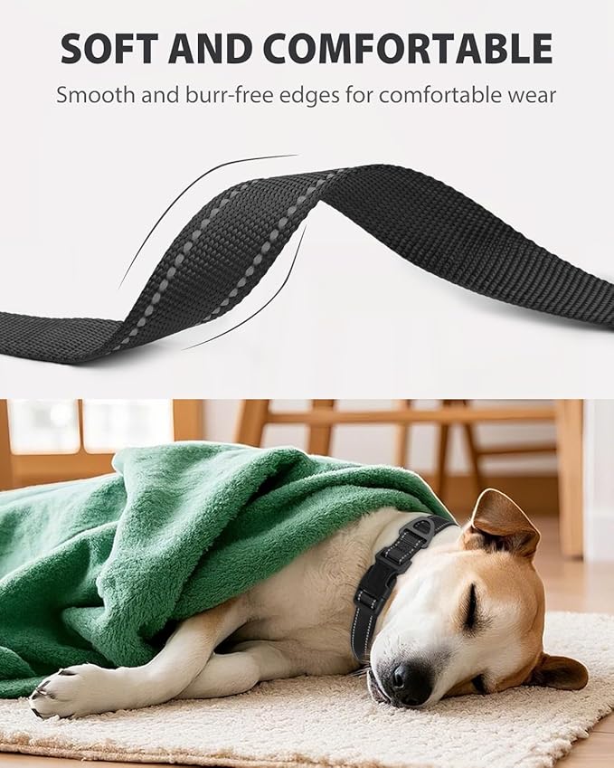 Joytale Dog Collars for Medium Dogs, Comfortable Double-Sided Reflective Nylon Collar for Night Safety, Adjustable Quick-Release for Active Pets, Black, M (1" Width)