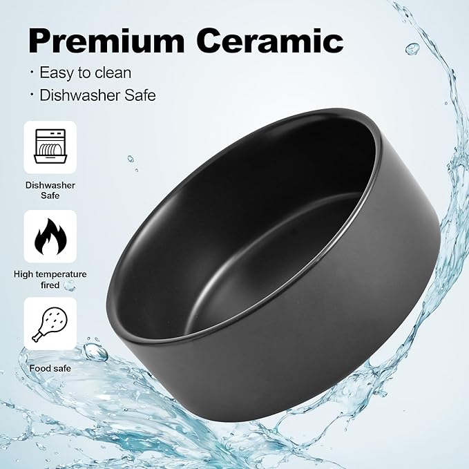Kimdio Ceramic Dog Bowls with Wood Stand, 13.5OZ Pet Bowls Set of 2 for Medium Small Dogs and Cats - Non-Slip Base Cute Pet Food & Water Basic Bowls Glaze Matte-Black