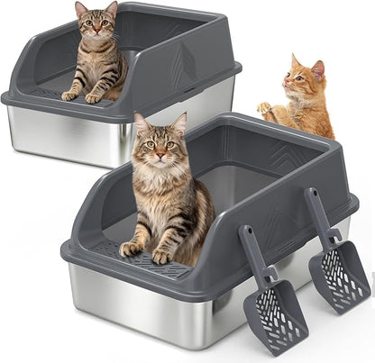 2 Pack Stainless Steel Litter Box with Lid, XL Metal Cat Litter Boxes High Sided Enclosed for Big Cat and Multiple Cats, Anti-Urine Leakage | Non-Stick Bottom & Includes Scoop