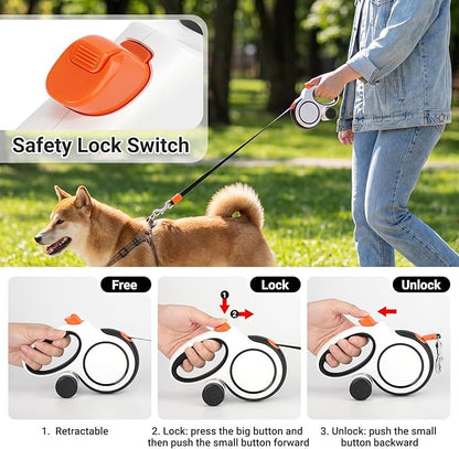 Segarty 16 Ft 360°Tangle-Free Leash with Detachable Waste Bag Holder, Retractable Dog Lead for Pet up to 66 Lbs, 5m White Walking Leash with Anti-Slip Handle & One-Handed Brake Pause Lock for Outdoors