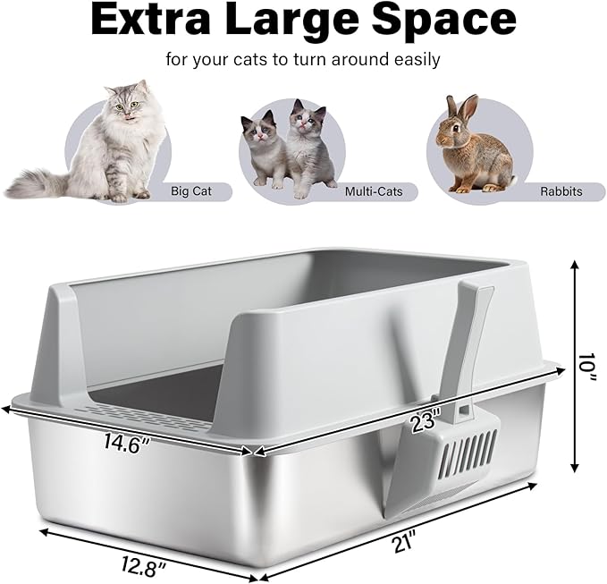 XL Stainless Steel Litter Box with Lid, Extra Large High Sided Metal Cat Litter Box with Mat and Scooper, Easy Clean, Non Stick & No Smell,2pack