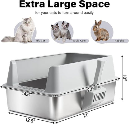 XL Stainless Steel Litter Box with Lid, Extra Large High Sided Metal Cat Litter Box with Mat and Scooper, Easy Clean, Non Stick & No Smell,2pack