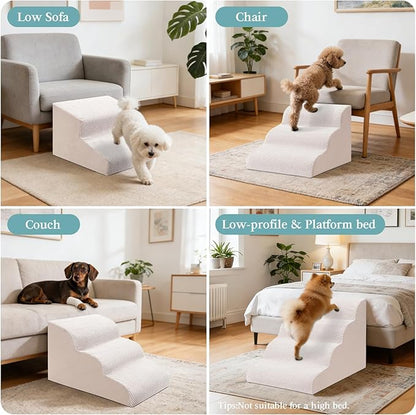 Dog Stairs for Small Dogs, 4-Step Dog Steps for Couch Sofa and Low-Profile & Platform Bed, High-Density Foam Pet Steps Ramp with Removable Washable Cover for Older Injured Dogs Cats, 15.75" H, Beige