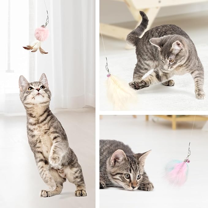 SONGWAY Interactive Cat Feather Toys - 7 PCS Cat Toys Set for Indoor Cats, Retractable Wand with Feather Tail Toy Refills, Kitten Toys Gift, Pink