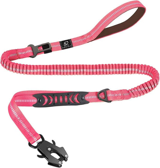 Raipult Tactical Strong Bungee Dog Leash, Pink Shock Absorbing Dog Leash with Traffic&Padded Handles, Military K9 Working Lead with Car Seatbelt for Medium Large Dogs up to 150lbs