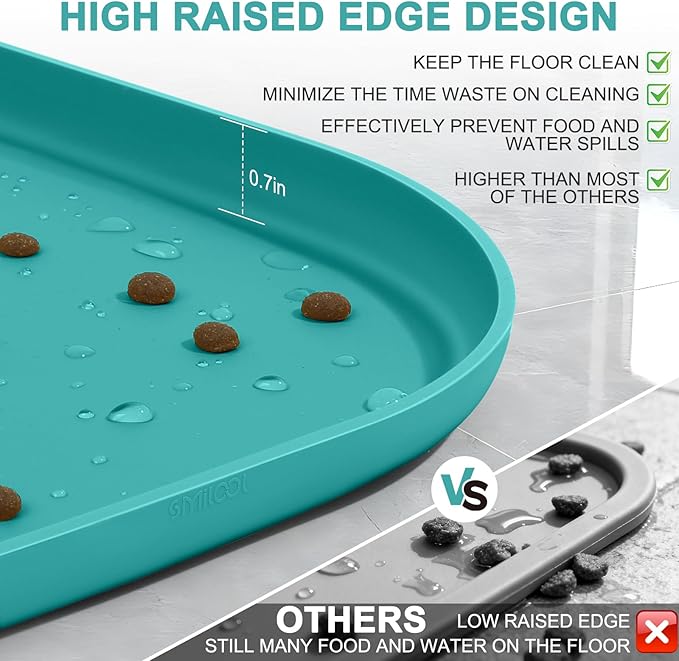 Small Silicone Pet Food Mat with Raised Edge for Food and Water Bowl, Square Dog Feeding Mats, Cat Food Trays for Floor Waterproof, Rubber Tray for Dogs and Cats, 12 x 12 x 0.7 Dark Turquoise