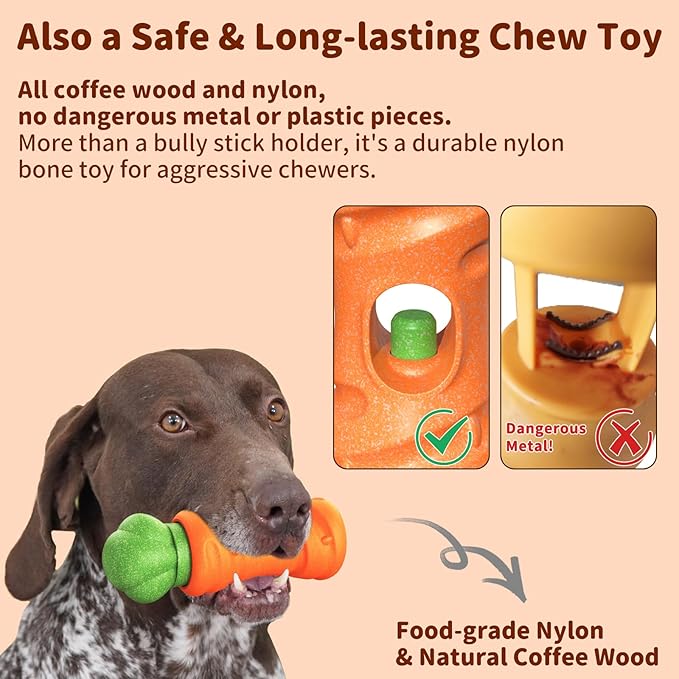 Bully Stick Holder for Dogs - for Aggressive Chewers Treat Chew Holder, Heavy Duty Yak Chew Toy Nylon Bone, Prevent Choking Safety Device for Small Medium Large Dogs, No More Swallowed Ends