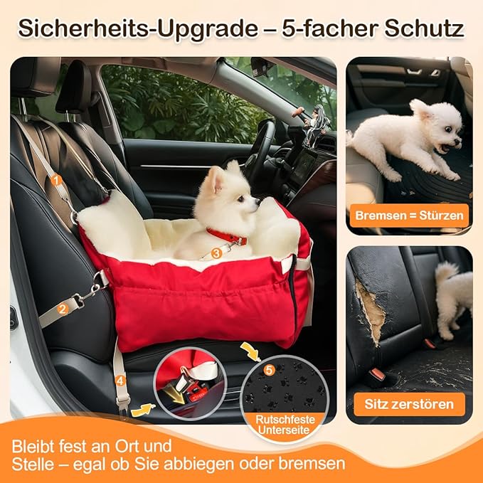 SIVES Dog Car Seat for Small Dogs, Soft Booster Seat Travel Bed with Side Flaps, Non-Slip Base, Seat Belt Straps + Safety Tether, Storage Pocket, Washable Cushion, Recommended Up to 33 lbs, Red