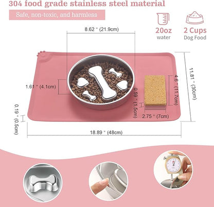 Stainless Steel Slow Feeder Dog Bowls – Non-Slip Metal Dog Bowl for Large & Medium Breeds, Puppy Puzzle Feeder – 2 Cup Capacity for Small to Big Pets – Durable Slow Feed Dog & Cat Food Dish with Mat