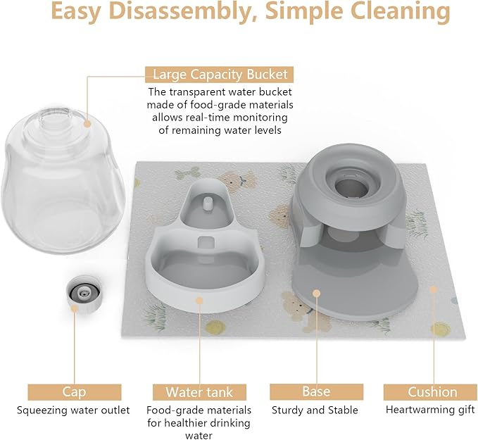 STALTWO 1 Gallon Automatic Dog Water Dispenser, Premium Large Capacity Gravity Pet Water Bowl with Non-Slip Mat for Multiple Pets, BPA-Free Cat Water Feeder for Large Dogs, Refill Less Often, Grey