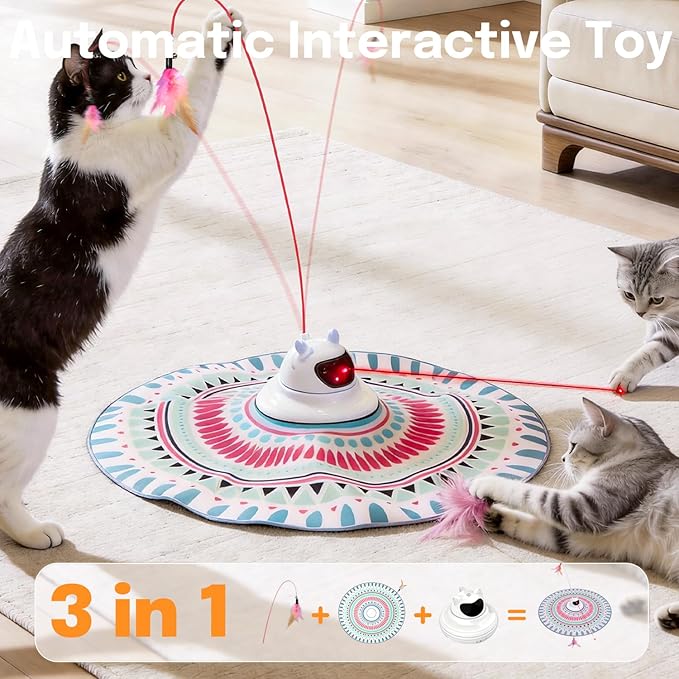 3 in 1 Automatic Interactive Cat Toy with Laser & Fluttering Feather, Rechargeable USB Laser Pointer Cat Toys for Indoor Cats, 360° Motion-Activated Hide and Seek Wand for Kittens & All Breeds