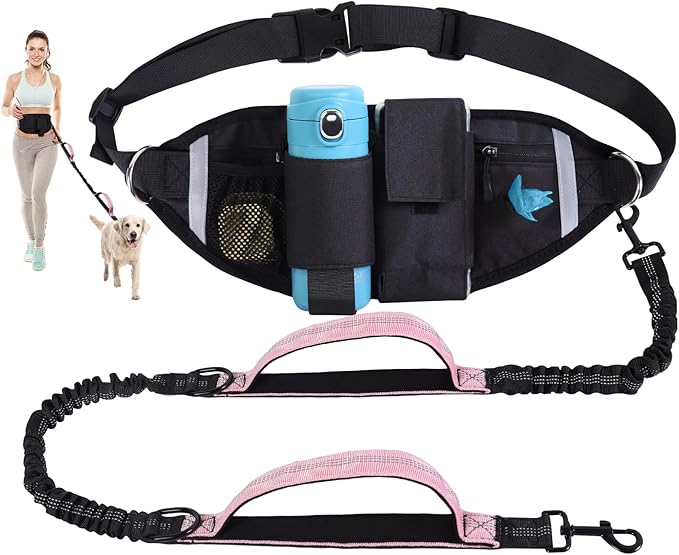 Hands Free Dog Leash, Waist Leash for Dog Walking, Running, Jogging, Waist Leashes with Adjustable Belt, Medium & Large Dogs Running Leashes Hands Free, Dual Padded Handles and Durable Bungee(Pink)