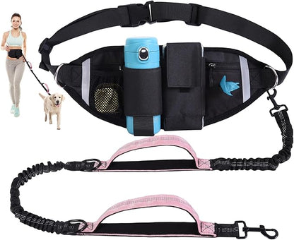 Hands Free Dog Leash, Waist Leash for Dog Walking, Running, Jogging, Waist Leashes with Adjustable Belt, Medium & Large Dogs Running Leashes Hands Free, Dual Padded Handles and Durable Bungee(Pink)