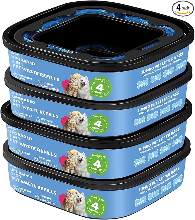 2 IN 1 Genie Refill Bags for Dog Cat 4 Pack - Total 112FT Lasts Up to 16 Months - Superior Odor Control for Dog Poop Cat Litter Bags - Pet Waste Refill Bags Fits Pet Genie and Litter Genie Pails
