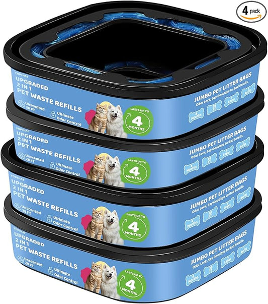 2 IN 1 Genie Refill Bags for Dog Cat 4 Pack - Total 112FT Lasts Up to 16 Months - Superior Odor Control for Dog Poop Cat Litter Bags - Pet Waste Refill Bags Fits Pet Genie and Litter Genie Pails