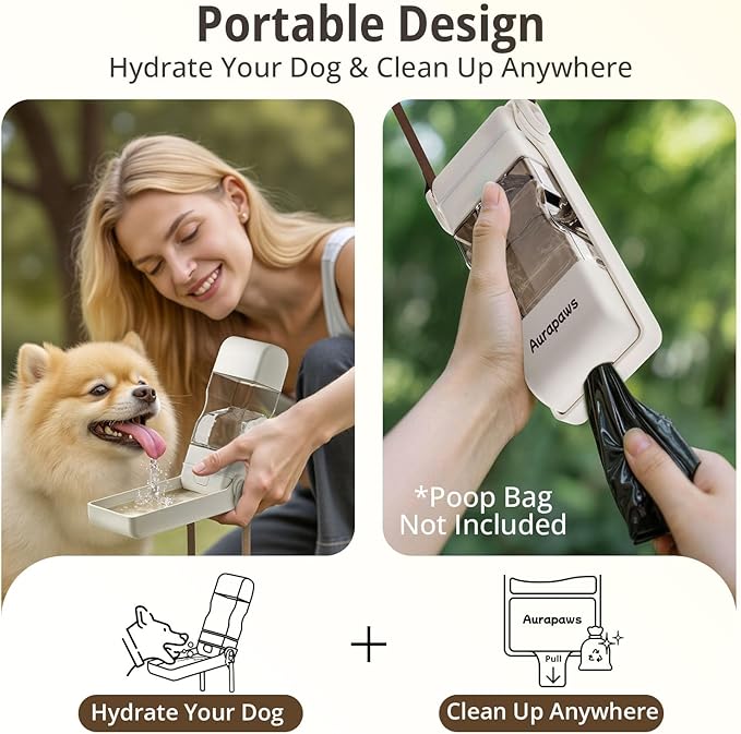 Dog Water Bottle, Portable Leakproof Water Bowl for Dogs, Foldable Dog Water Dispenser with Poop Bag Dispenser for Puppy Outdoor Walking, Hiking, Travel, 10.15oz