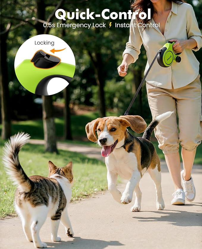 Pecute 16ft Retractable Dog Leash with 18'' Chew Proof Steel Cable for Power Chewers & Pullers, Heavy Duty Locking for Medium/Large Dogs 33lbs-110lbs, Anti-Tangle & Poop Bag Holder Included(Green)