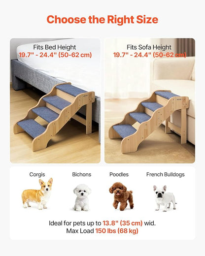 VEVOR Wood Pet Stairs, 4-Step Dog Stairs for High Beds, Sofa & Cars, 150lbs Load Capacity, Non-Slip Surface, Stable Cat & Dog Step Ladder for Small Medium Large Older Pet Puppy Essentials