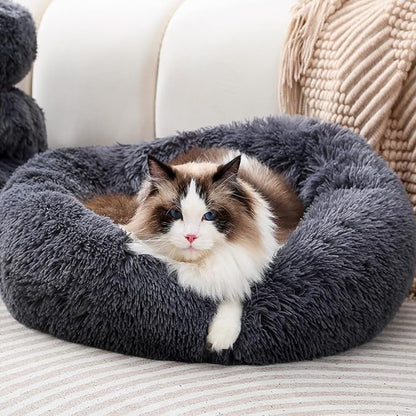 Plush Donut Cat Bed and Dog Bed Round Calming Pet Beds Fluffy Rabbit Cave Warm Dog Couch Non Slip Bottom for Pets Up to 10KG