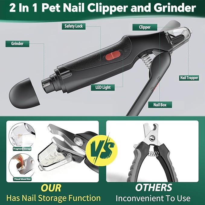 2-in-1 Cat Nail Clippers & Dog Nail Clippers Trimmers for Large Medium Small Dogs Cats Claw Trimmer Quick Sensor and Safety Guard USB Rechargeable with 2 LED Lights Dogs Nail Trimmer