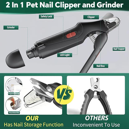 2-in-1 Cat Nail Clippers & Dog Nail Clippers Trimmers for Large Medium Small Dogs Cats Claw Trimmer Quick Sensor and Safety Guard USB Rechargeable with 2 LED Lights Dogs Nail Trimmer