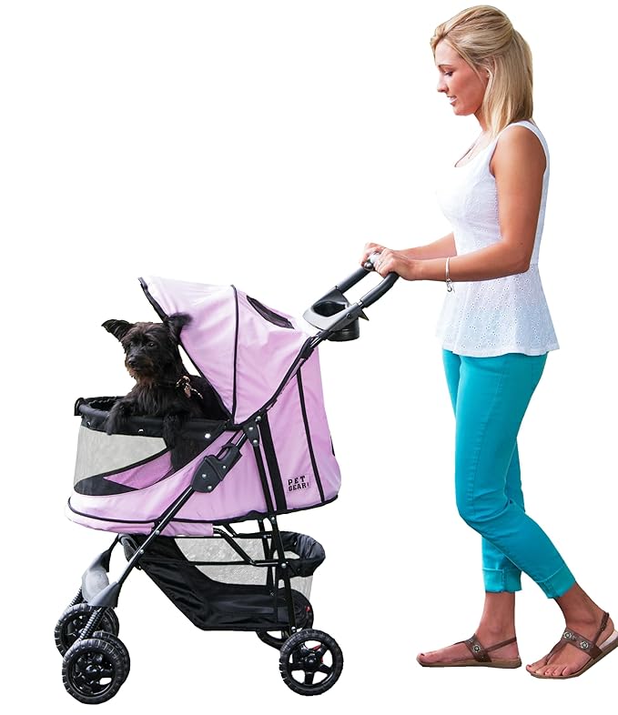Pet Gear No-Zip Happy Trails Pet Stroller for Cats/Dogs, Zipperless Entry, Easy Fold with Removable Liner, Storage Basket + Cup Holder, Blush