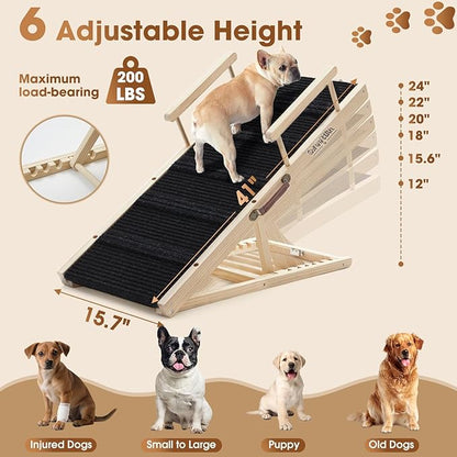Dog Ramp for Bed - Foldable Small to Large Dog Ramp for Couch - 6 Adjustable Height from 12" to 24" - High Traction Mat & Safety Side Rails - Wooden Ramp for Dogs to Get on Bed Couch Car Up to 200LBS