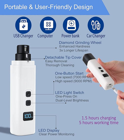Upgrade Electric Pet Nail Grinder with LED Lights - 2-Speed Super Quiet and Low Vibration Rechargeable Cat Nail Trimmers,Professional Painless Pet Paws Grooming Tool,Small Medium Anxious Dogs & Cats