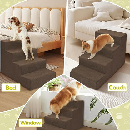 Niubya Dog Stairs for Small Dogs and Cats,18'H Non-Slip Bottom Pet Steps for High Beds and Couch,High-Density Foam Pet Stairs Brown,4 Steps