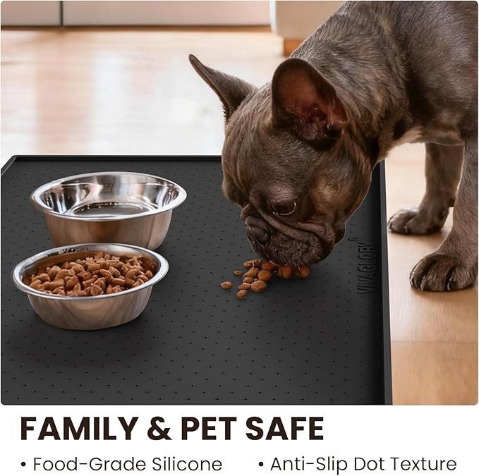 VIVAGLORY Dog Bowl Mat Grippymat Pet Food Mat, Waterproof Washable Nonslip Silicone for Pet & Cat, Food and Water Placemat with Lip & Raised Edges for Indoor Floor, S, Black