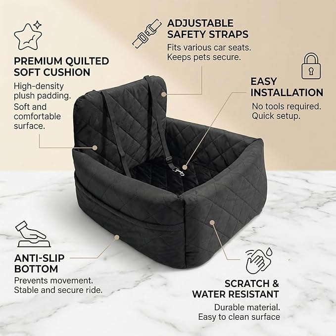 Small Dog Car Seat & Medium Dogs with 4 Rolls of Poo Bags, Booster Seat with Detachable Washable Cover, Travel-Safe with Safety Belts & Storage Pockets, Made with Soft Cotton & Durable Polyester
