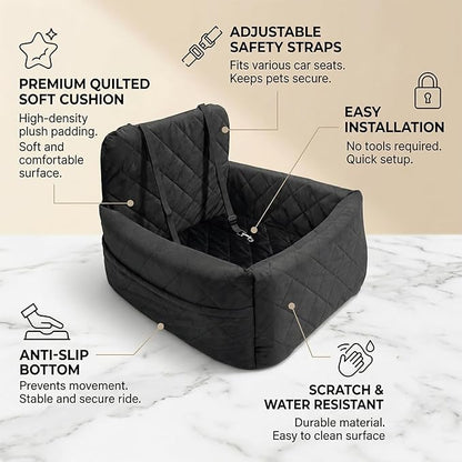 Small Dog Car Seat & Medium Dogs with 4 Rolls of Poo Bags, Booster Seat with Detachable Washable Cover, Travel-Safe with Safety Belts & Storage Pockets, Made with Soft Cotton & Durable Polyester