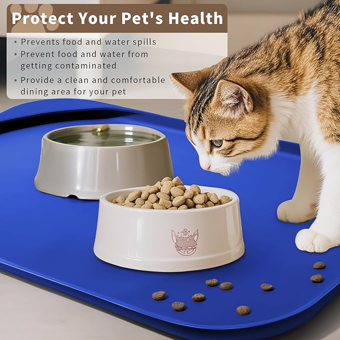Silicone Pet Food Mat with Raised Edge for Food and Water Bowl, Dog Feeding Mats, Cat Food Trays for Floor Waterproof, Rubber Tray for Dogs and Cats, 19 x 12 x 0.7 Navy Blue