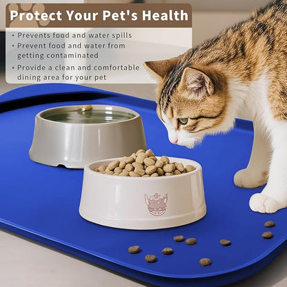 Silicone Pet Food Mat with Raised Edge for Food and Water Bowl, Dog Feeding Mats, Cat Food Trays for Floor Waterproof, Rubber Tray for Dogs and Cats, 19 x 12 x 0.7 Navy Blue